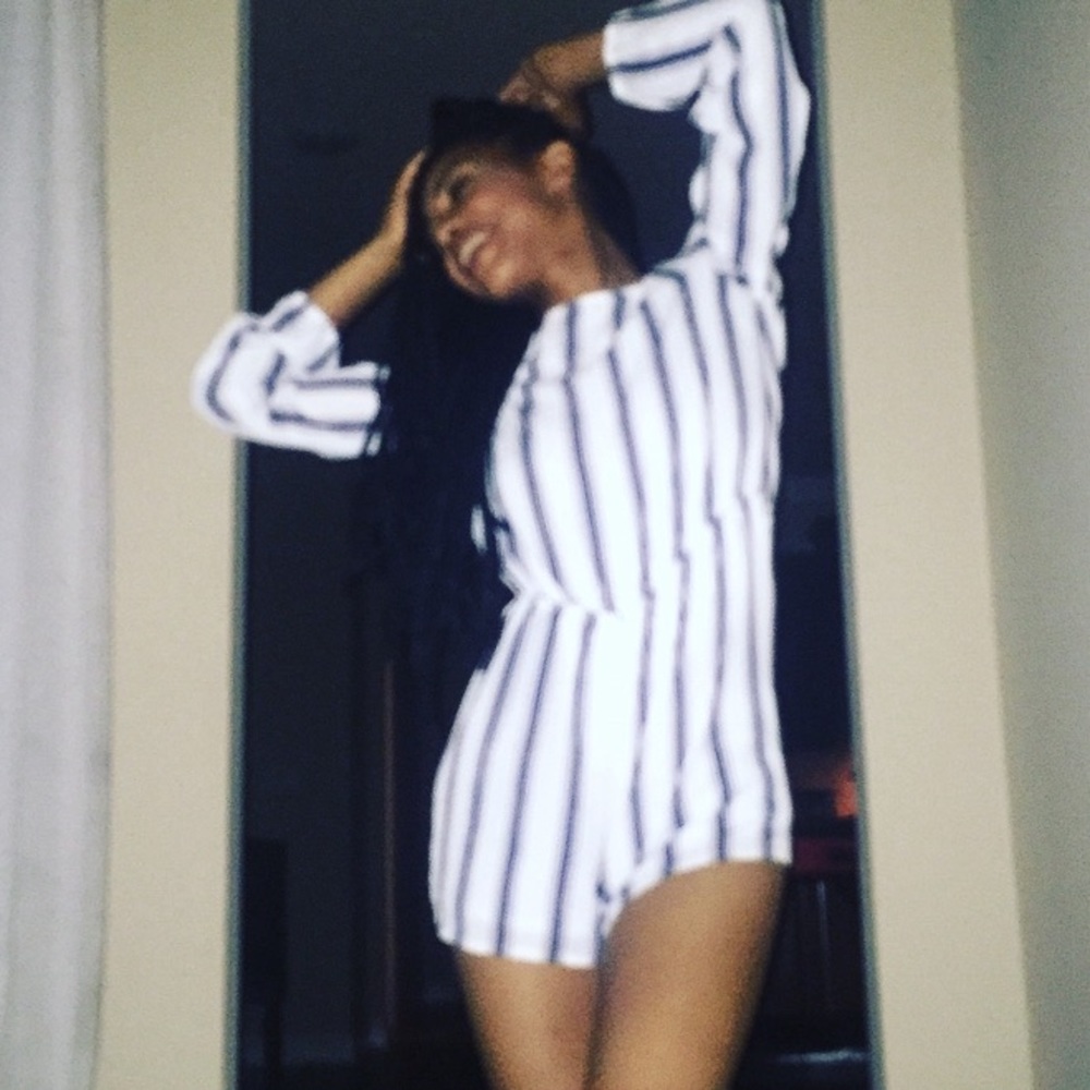 Blue and white romper with small back cut out